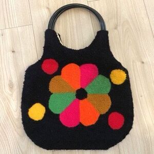 Handmade felted embroidered wool retro handbag with double ring handles. 60’s/70